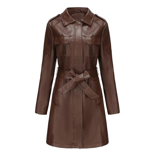 Lederjacke Damen Lang Elegant - Ledermantel Damen Winter - Wintermantel Elegant Kunstlederjacke Gefüttert Lederimitat Jacke Große Größen Damenjacken Winter Lederjacke Braun Vintage/Wintermantel von XUEJIANN
