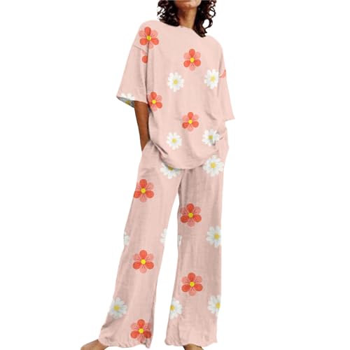 Nachthemden Für Damen Kurzarm - Schlafanzug Damen Lang Mit T-Shirt - Sleepshirt Kurzarm Baumwolle Hemd Pyjama Xs Lang Rosa Baumwolle Schlafanzug Kurzarm Baumwolle Damenpyjamas von XUEJIANN