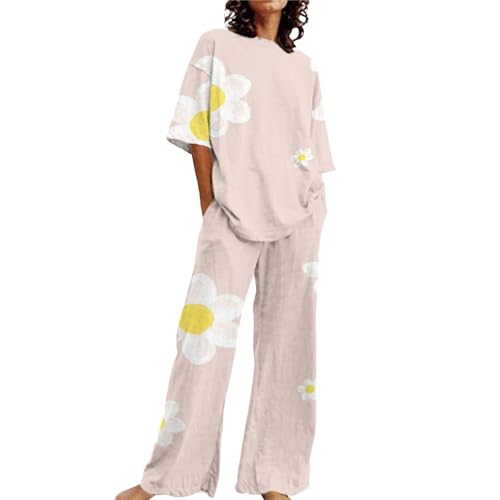 Nachthemden Für Damen Kurzarm - Schlafanzug Damen Lang Mit T-Shirt - Sleepshirt Kurzarm Baumwolle Hemd Pyjama Xs Lang Rosa Baumwolle Schlafanzug Kurzarm Baumwolle Damenpyjamas von XUEJIANN