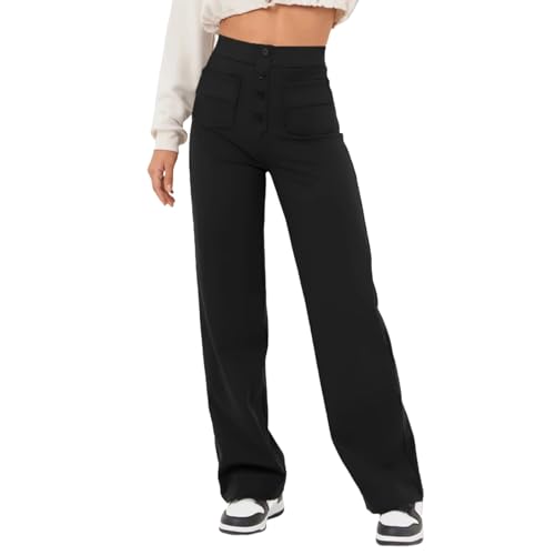 XUEJIANN Freizeithose Damen Lang Hose Straight Leg Pants Hohe Taille Knopf Hosen Damen Elegant Einfarbig Freizeithose Haremshose Mit Mehrere Taschen Lose Yogahosen Lässige Lose Freizeithose von XUEJIANN