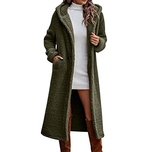 XUEJIANN Winterjacken Damen uziert Damen Kunstmäntel mit Kapuze Wintermantel übergroße warme Oberbekleidung vorne offen Lange Strickjacke Mantel Jacke Damen Mantel Cardigan (Army Green, S) von XUEJIANN