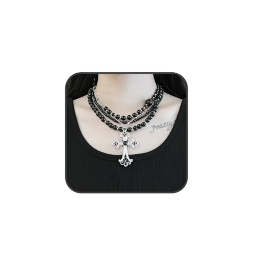 XUENMB Halskette mit Kruzifix-Anhänger für Herren, geschichtete schwarze Rosenkranz-Perlen, Y2K-Kristall-Kreuz-Halskette für Damen, Gothic-Kreuz-Halskette, ästhetischer Schmuck von XUENMB