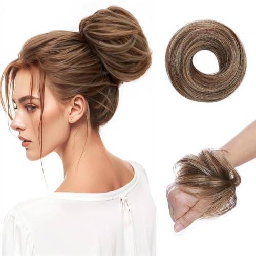 Haarknoten, Damen Echthaar Messy Bun Haarteil Scrunchie Wellige Verlängerung for Hochsteckfrisuren Damen(Light brown) von XUEQIZHENG