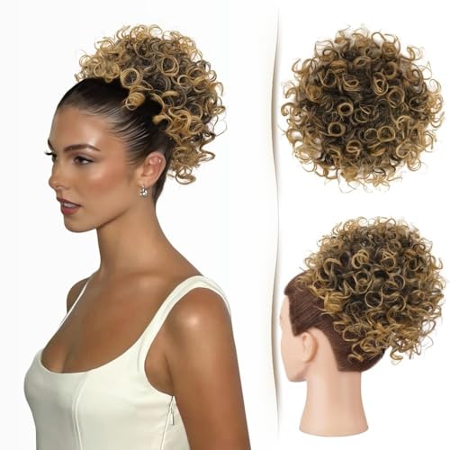 Haarknoten, Messy Bun Haarteil for schwarze Frauen – Lockiger Pferdeschwanz mit Kordelzug, locker gewellter 80 g zerzauster Kunsthaarknoten Damen(Gold-black mix) von XUEQIZHENG
