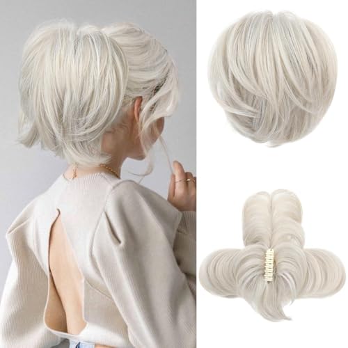 Haarknoten, Messy Bun Haarteil mit biegbarem Metalldraht, 9 Zoll Klauenklammer for Frauen, glatter Haarknoten und Pferdeschwanzverlängerung Damen(White) von XUEQIZHENG