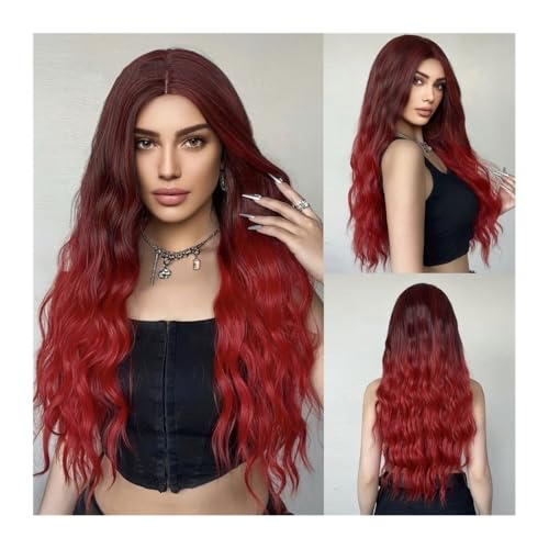 Perücken Damen Ombre Weinrot Lange Wasser Gewellte Synthetische Cosplay Perücke, Mittelteil, Hitzebeständig Glatte/gelockte Perücken von XUEQIZHENG