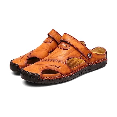 XUHCLY Sandalen Herren 48,Leder Strand Hausschuhe,Geschlossene Sport Outdoorsandalen Wandersandale, Herren Pantoletten Handgemachte Sandalen Sommer(Size:43 EU,Color:B) von XUHCLY