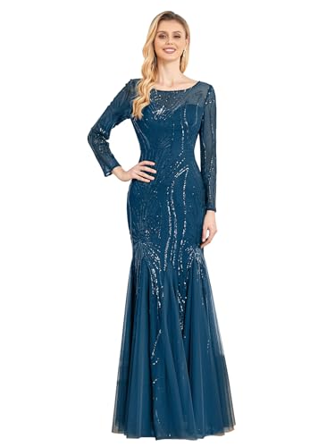 Langärmeliges Pailletten-Abendkleid, glitzernd, Meerjungfrauenkleid, langes Kleid für Mutter der Braut oder Hochzeitsgast, Blaugrün/Ein Hauch von Paradies (Trace of Paradise), Klein von XUIBOL