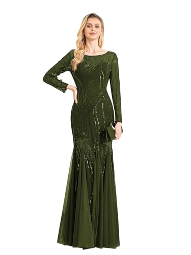Langärmeliges Pailletten-Abendkleid, glitzernd, Meerjungfrauenkleid, langes Kleid für Mutter der Braut oder Hochzeitsgast, Olivgrün, Mittel von XUIBOL