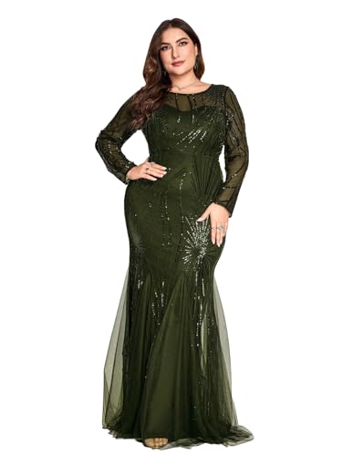 Übergröße Langarm Pailletten Abendkleid Glitzer Meerjungfrau Langes Kleid für Mutter der Braut oder Hochzeitsgast, Olivgrün, 50 Mehr von XUIBOL