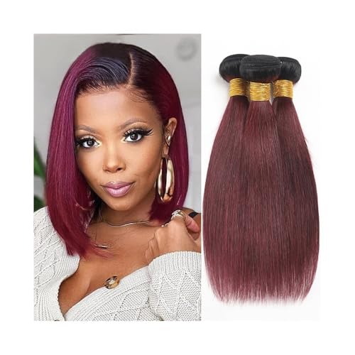 Echthaarbündel Ombre-Burgunderrot-Bündel, kurze, glatte Echthaar-Bündel, 1/2/3 Stück, 1B/99J, brasilianische, unverarbeitete Remy-Haarverlängerungen for Frauen Haarverlängerung(14 14 14) von XUJUAN-0227