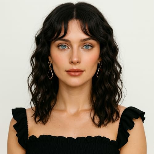 Schwarze gewellte Perücke für Damen, schulterlanger Bob mit Pony, natürlich aussehende hitzebeständige Synthetik Perücke, mittellange Locken für Alltag und Partys Schwarze gewellte Perücke für Damen, schulterlanger Bob mit Pony, natürlich aussehende hitzebeständige Synthetik Perücke, mittellange Locken für Alltag und Partys von XULAIP