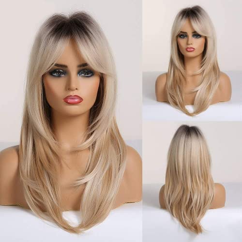 XULAIP Blonde Perücken für Frauen Schulterlange Perücke mit Pony Kunsthaar mit dunklen Wurzeln (Lange Blond mit dunklen Wurzeln) von XULAIP