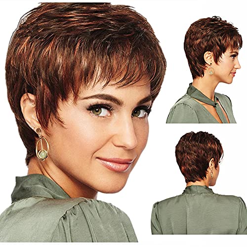 YXSHZ Braune Kurzhaarperücken für Damen, flauschig, lockig, mit Pony, Synthetik Perücken, Kurzschicht, Mischung, blond, hitzebeständig, Vollperücken (braun) von XULAIP