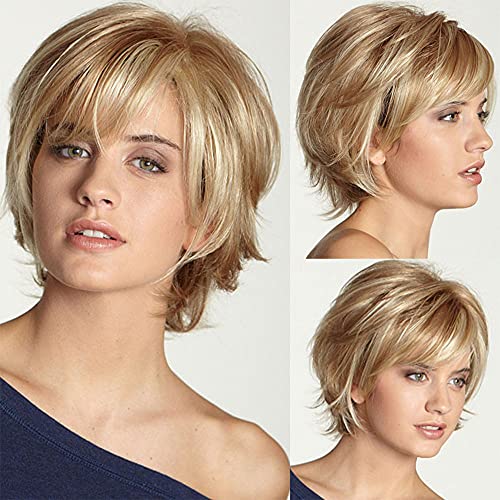 YXSHZ Kurzhaar-Perücke für Damen, blond, kurze Schicht, Naturhaar mit Pony, Kunsthaarperücke, hitzebeständig, volle Perücken von XULAIP