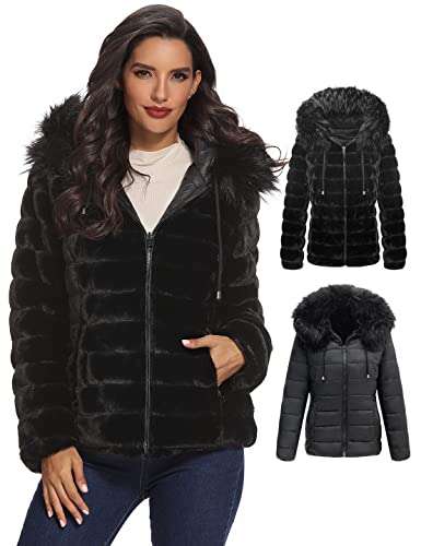 XULIKU Frauen Reversible Warme Faux Pelzmantel Fuzzy mit Kapuze Front Reißverschluss Kurze Puff Jacke für Frauen Winter von XULIKU