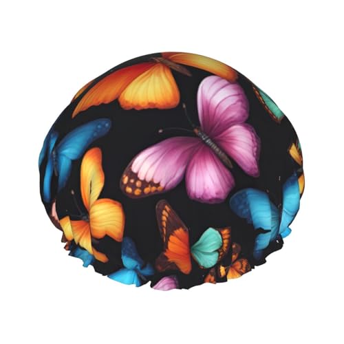Bunte Schmetterlings-Druck, wiederverwendbar, doppellagig, Duschhaube, Bade-Duschhaube, große Duschhauben für Damen von XULLZH