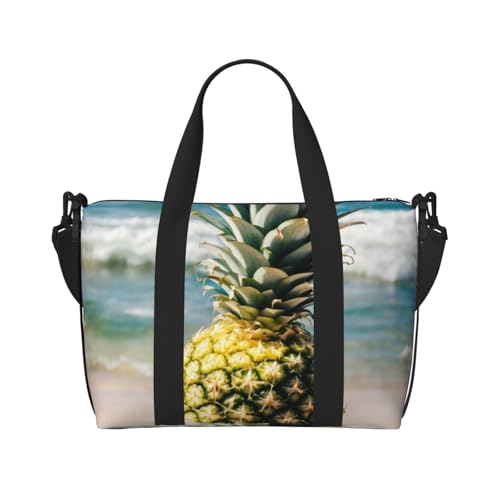 Pineapple on beach Print schräg quer Hand Reisetasche Polyester Damen Herren Übernachtung Duffel Handgepäcktasche Schwarz Einheitsgröße, Schwarz, One Size von XULLZH