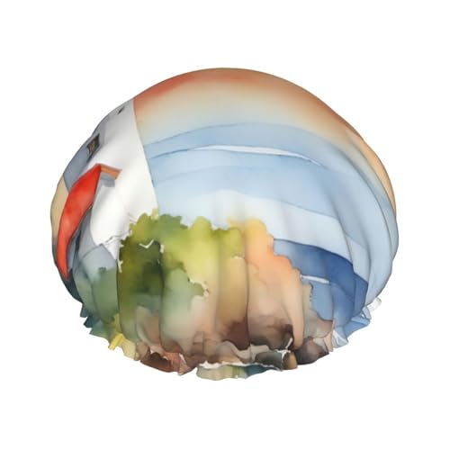 Wiederverwendbare Doppelschicht-Duschhaube, mit Leuchtturm-Druck, große Duschhauben für Damen von XULLZH