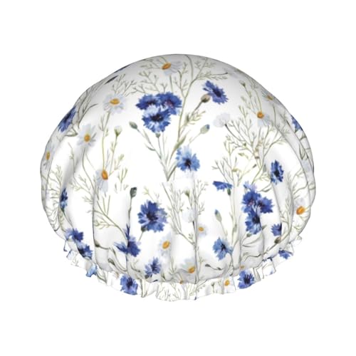 Wiederverwendbare Doppelschicht-Duschhaube mit Blumen und Kornblumen, Gänseblümchen, große Duschhauben für Frauen von XULLZH