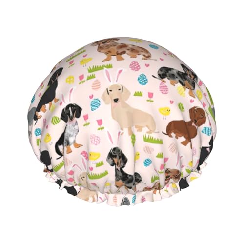 Wiederverwendbare Doppelschicht-Duschhaube mit Hunde-Blumendruck, Bade-Duschhaube, große Duschhauben für Frauen von XULLZH