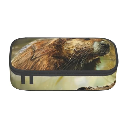 XULLZH Federmäppchen mit Biberaufdruck, großes Fassungsvermögen, Federmäppchen, Reisetasche, Kulturbeutel, Organizer, Schwarz, Einheitsgröße, modern, Schwarz , Einheitsgröße, Modern von XULLZH