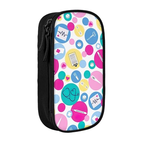 XULLZH Federmäppchen mit niedlichem Krankenschwesteraufdruck, großes Fassungsvermögen, Reißverschluss, doppelstöckig, Stifteetui, Make-up-Stifttasche, Bürobedarf, Schwarz , Einheitsgröße, Modern von XULLZH