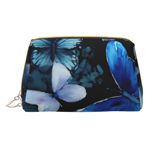 XULLZH Kulturbeutel aus Leder mit blauen Schmetterlingen, weißen Blumen, Reißverschluss, tragbar, für Reisen, Kulturbeutel, Organizer, kleine Make-up-Tasche, weiß, Einheitsgröße, weiß, Einheitsgröße von XULLZH
