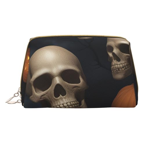 XULLZH Kulturbeutel mit Halloween-Totenkopf-Aufdruck, Leder, Reißverschluss, tragbar, Reise-Kulturbeutel, Organizer, kleine Make-up-Tasche, weiß, Einheitsgröße, weiß, Einheitsgröße, weiß von XULLZH