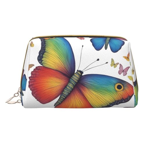 XULLZH Kulturbeutel mit Regenbogen-Schmetterlings-Aufdruck, Leder, Reißverschluss, tragbar, Reise-Kulturbeutel, Organizer, kleine Make-up-Tasche, weiß, Einheitsgröße, weiß, Einheitsgröße, weiß von XULLZH