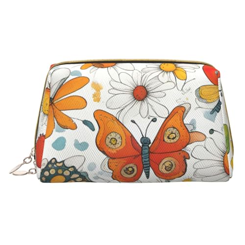 XULLZH Kulturbeutel mit Schmetterlings-Gänseblümchen-Aufdruck, Leder, Reißverschluss, tragbar, Reise-Kulturbeutel, Organizer, kleine Make-up-Tasche, weiß, Einheitsgröße, weiß, Einheitsgröße, weiß von XULLZH