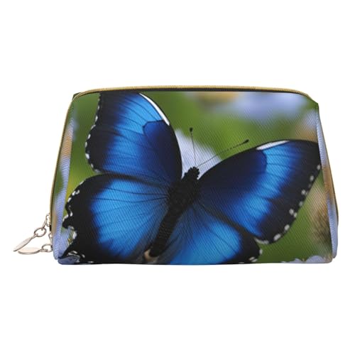 XULLZH Kulturbeutel mit blauem Schmetterlings-Aufdruck, Leder, Reißverschluss, tragbar, Reise-Kulturbeutel, Organizer, kleine Make-up-Tasche, weiß, Einheitsgröße, weiß, Einheitsgröße, weiß von XULLZH