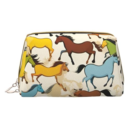 XULLZH Kulturbeutel mit buntem Cartoon-Pferde-Aufdruck, Leder, Reißverschluss, tragbar, Reise-Kulturbeutel, Organizer, kleine Make-up-Tasche, weiß, Einheitsgröße, weiß, Einheitsgröße, weiß von XULLZH