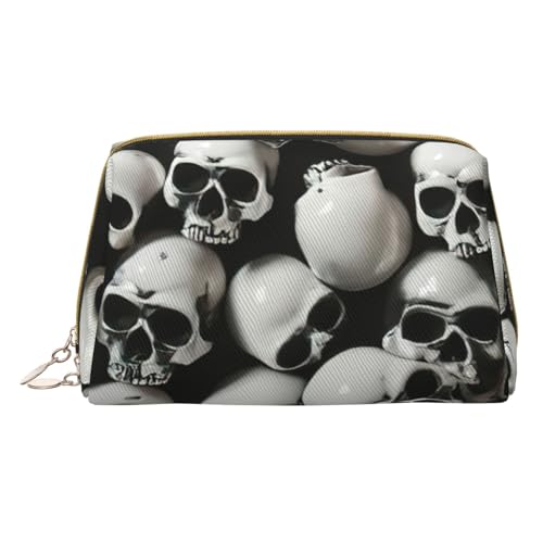 XULLZH Kulturbeutel mit schwarzem Totenkopf-Aufdruck, Leder, Reißverschluss, tragbar, Reise-Kulturbeutel, Organizer, kleine Make-up-Tasche, weiß, Einheitsgröße, weiß, Einheitsgröße, weiß von XULLZH