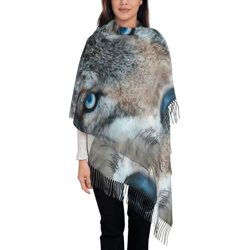 XULLZH Schal mit blauen Augen, Wolfsdruck, weich, groß, Quaste, Schal, warm, Herbst, Winter, drinnen und draußen, Schwarz, Einheitsgröße, Schwarz, Einheitsgröße, Schwarz , One size von XULLZH