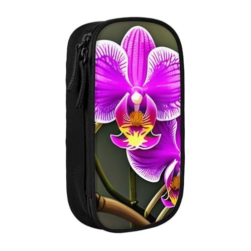 XULLZH Stiftebox mit Orchideen-Blumendruck, großes Fassungsvermögen, Reißverschluss, doppelstöckig, Stifteetui, Make-up-Stifttasche, Bürobedarf, Schwarz , Einheitsgröße, Modern von XULLZH
