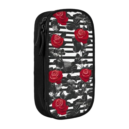 XULLZH Stiftebox mit Reißverschluss und schwarzen Streifen und roten Rosen, großes Fassungsvermögen, doppelstöckiges Stifteetui, Make-up-Stifttasche, Bürobedarf, Schwarz , Einheitsgröße, Modern von XULLZH