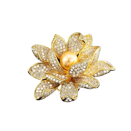 Frauen Elegante Lotus Voller Kristall Perle Blume Abzeichen Pins Dame Anzug Büro Broschen Corsage(Gold) von XUMKFJRE