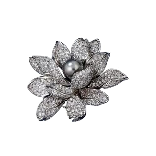 Frauen Elegante Lotus Voller Kristall Perle Blume Abzeichen Pins Dame Anzug Büro Broschen Corsage(Silver) von XUMKFJRE