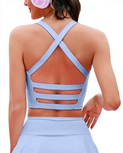 Frauen Riemchen Sport BH Longline Workout Tank Tops Eingebaute BHs Unterstützung Crop Yoga Top Criss Cross Open Back Shirt, Blau Sport-BH, Groß von XUNYU