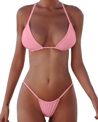 XUNYU Bikini-Set Bandage Solid Brazilian Swimwear Zweiteiliger Badeanzug Gepolstert Tanga Badeanzug, Bikini-Set Pink, Medium von XUNYU