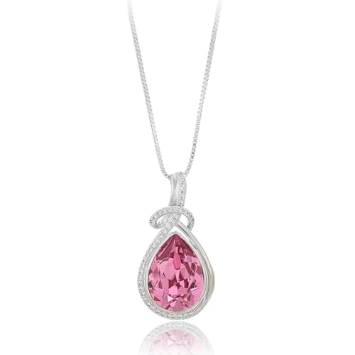 XUPING Pink Kette Damen Silber Anhänger Halskette Kristall kette Tropfenform Halskette mit Geburtsstein Anhänger Halskette in funkelndem für Frau Mädchen Geburtstag Party Schmuck Geschenk von XUPING