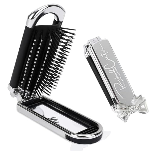 Reisebürste mit Kleiner Spiegel, Reise Haarbürste mit Spiegel Faltbare Mini Haarbürste Pocket Reisebürste Klapp Haarmassagekamm Tragbare Silber Haar-Styling Kamm für Männer Mädchen Frauen von XURJUMI