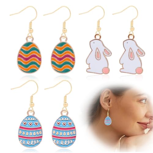 XURJUMI 3 Paar Osterohrringe für Mädchen, Niedliche Häschen-Ohrringe Bunte Eier-Ohrringe Cartoon-Küken-Ohrstecker Frühlingsthema Schmuckgeschenk für Frauen Urlaub Party von XURJUMI