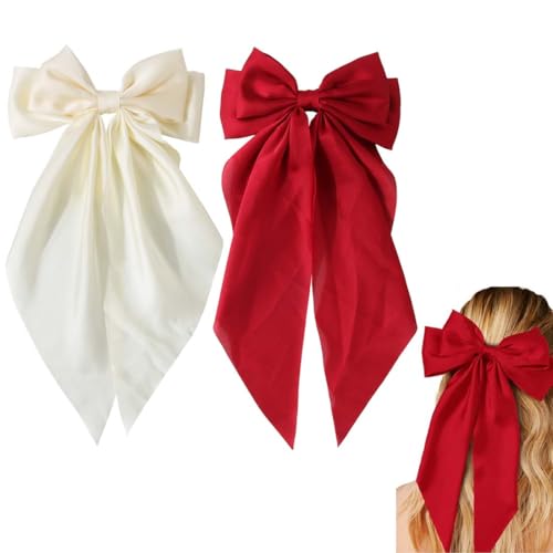 XURJUMI Haarschleifen Clips - Haarspangen mit Großer Schleife Einfarbige Haarnadel mit Schleife Haarspangen Accessoires für Mädchen Damen, Milchig weiß und Rot von XURJUMI