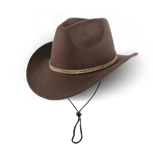 XURUIAU Unisex-Cowboyhut mit Riemen, Filzhut mit breiter Krempe für den Outdoor-Western-Stil, ideal für Männer und Frauen, Cowboyhut-Zubehör, Kaffee XURUIAU Unisex-Cowboyhut mit Riemen, Filzhut mit breiter Krempe für den Outdoor-Western-Stil, ideal für Männer und Frauen, Cowboyhut-Zubehör, Kaffee von XURUIAU