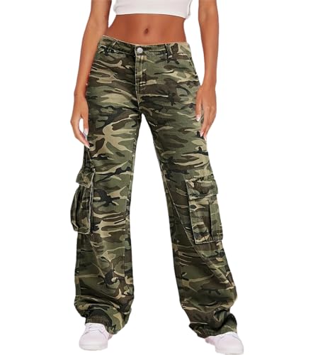 Damen Baggy High Waist Camouflage Cargo Jeans Casual Loose Tactical Straight Leg Denim Hose,Grün,L von XUSAI