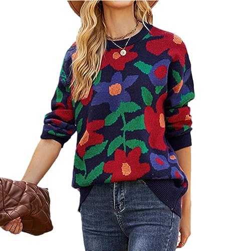 Damen Casual Loose Long Sleeves Crewneck Strickpullover Blumenstickerei Pullover Tops,Schwarz,S Damen Casual Loose Long Sleeves Crewneck Strickpullover Blumenstickerei Pullover Tops,Schwarz,S von XUSAI