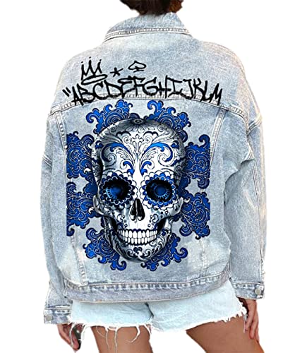 Damen-Jeansjacken mit Totenkopf-Print, langärmlig, Distressed Washed Plus Size Jeansjacken-Oberbekleidung,A,L von XUSAI