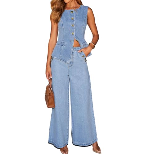 XUSAI Blau,M,Jeans-Set Für Damen, Lässiges Business-Jeans-Oberteil Ohne Ärmel Und Jeans Mit Weitem Bein, 2-Teiliges Jeans-Outfit von XUSAI